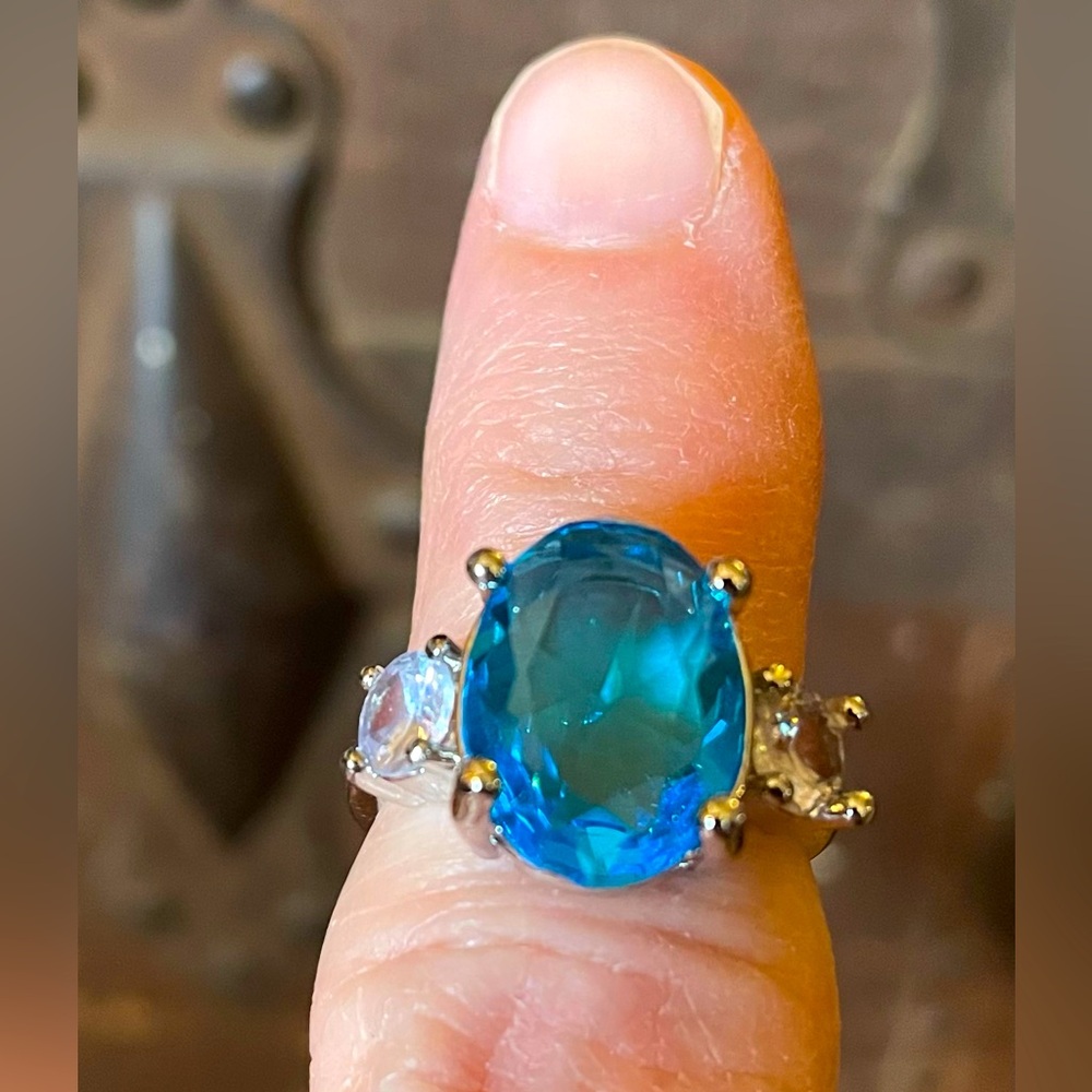 Silver Ring with Aqua Blue and Clear Stones Size 6
